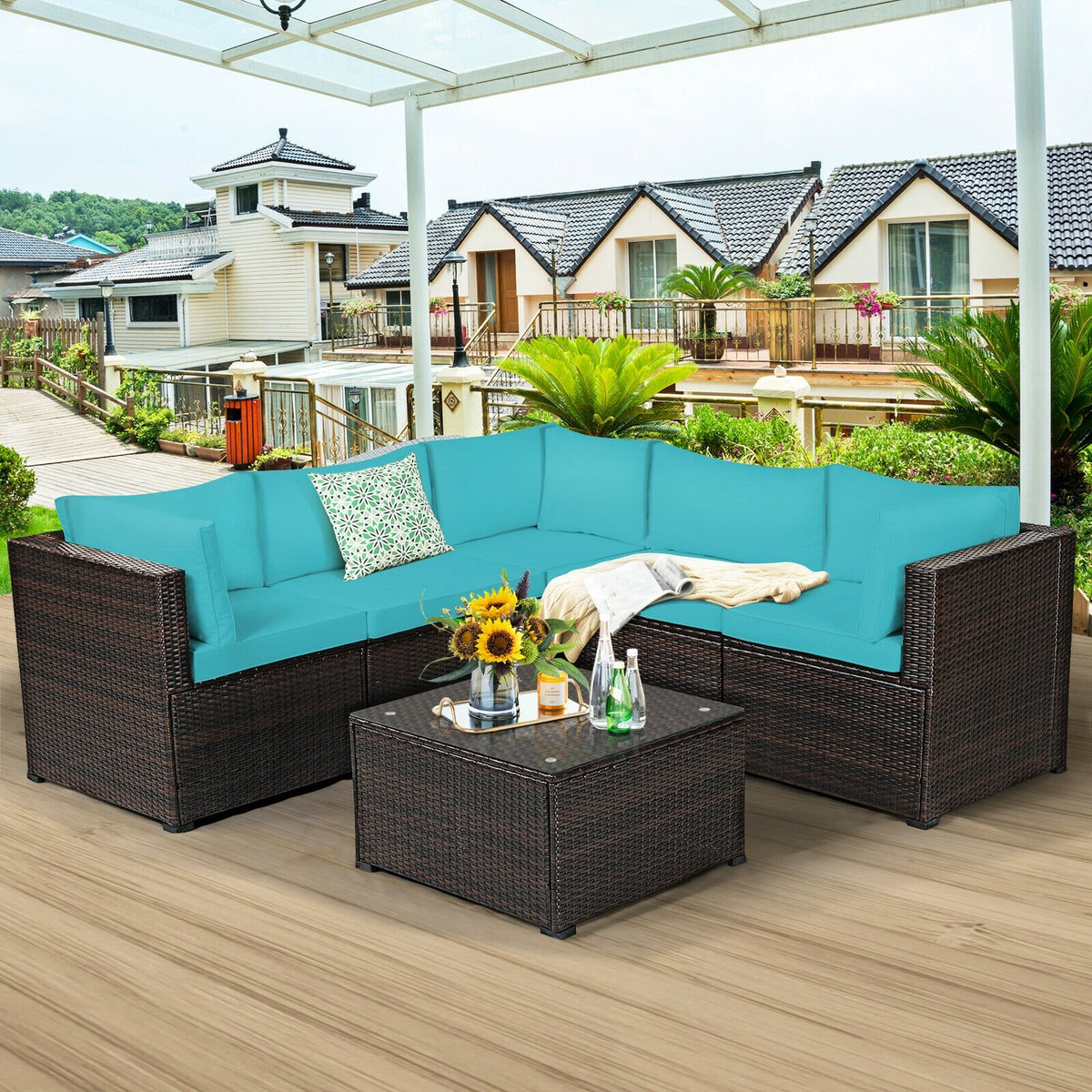 6 Pieces Patio Furniture Sofa Set with Cushions for Outdoor-Turquoise view 2