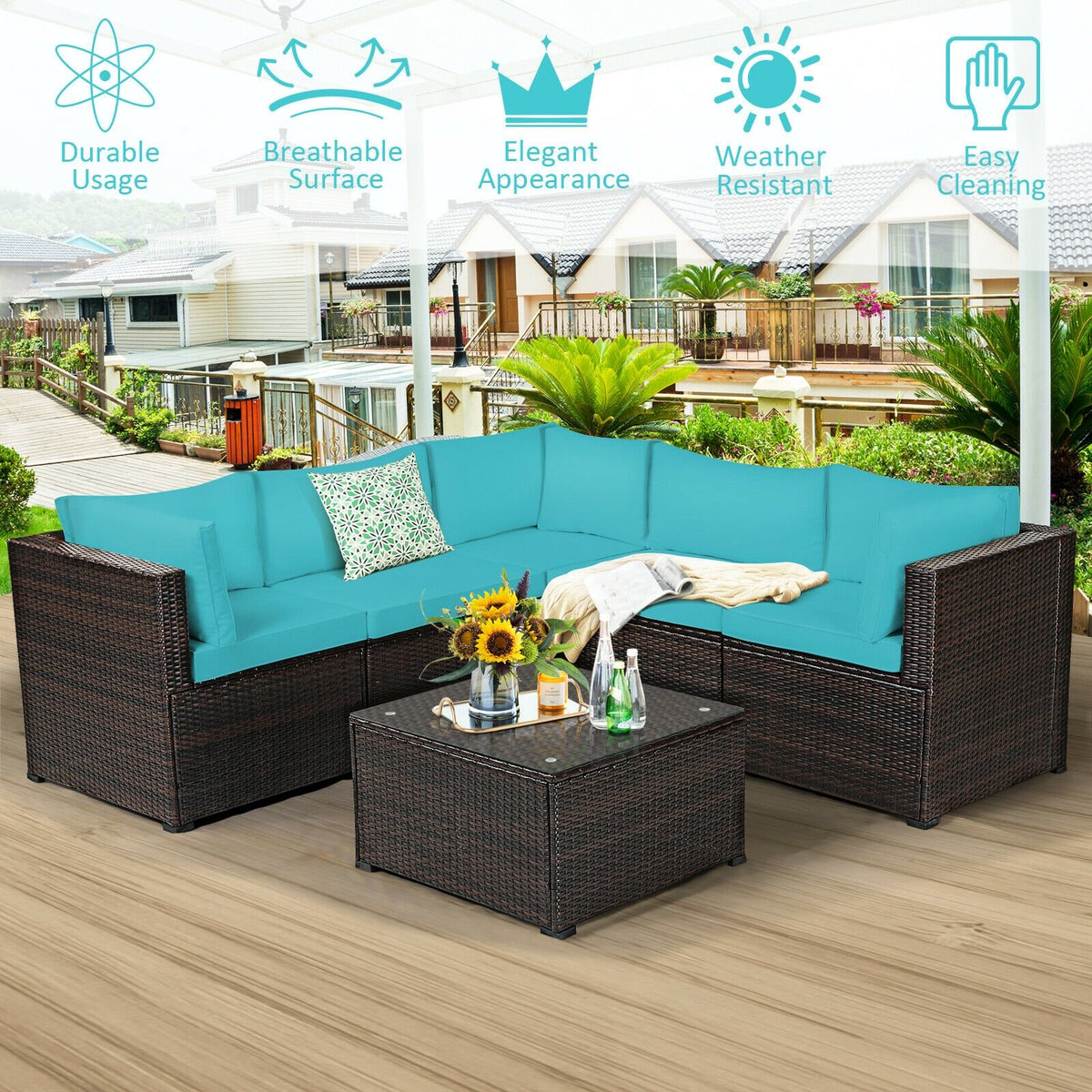6 Pieces Patio Furniture Sofa Set with Cushions for Outdoor-Turquoise view 3