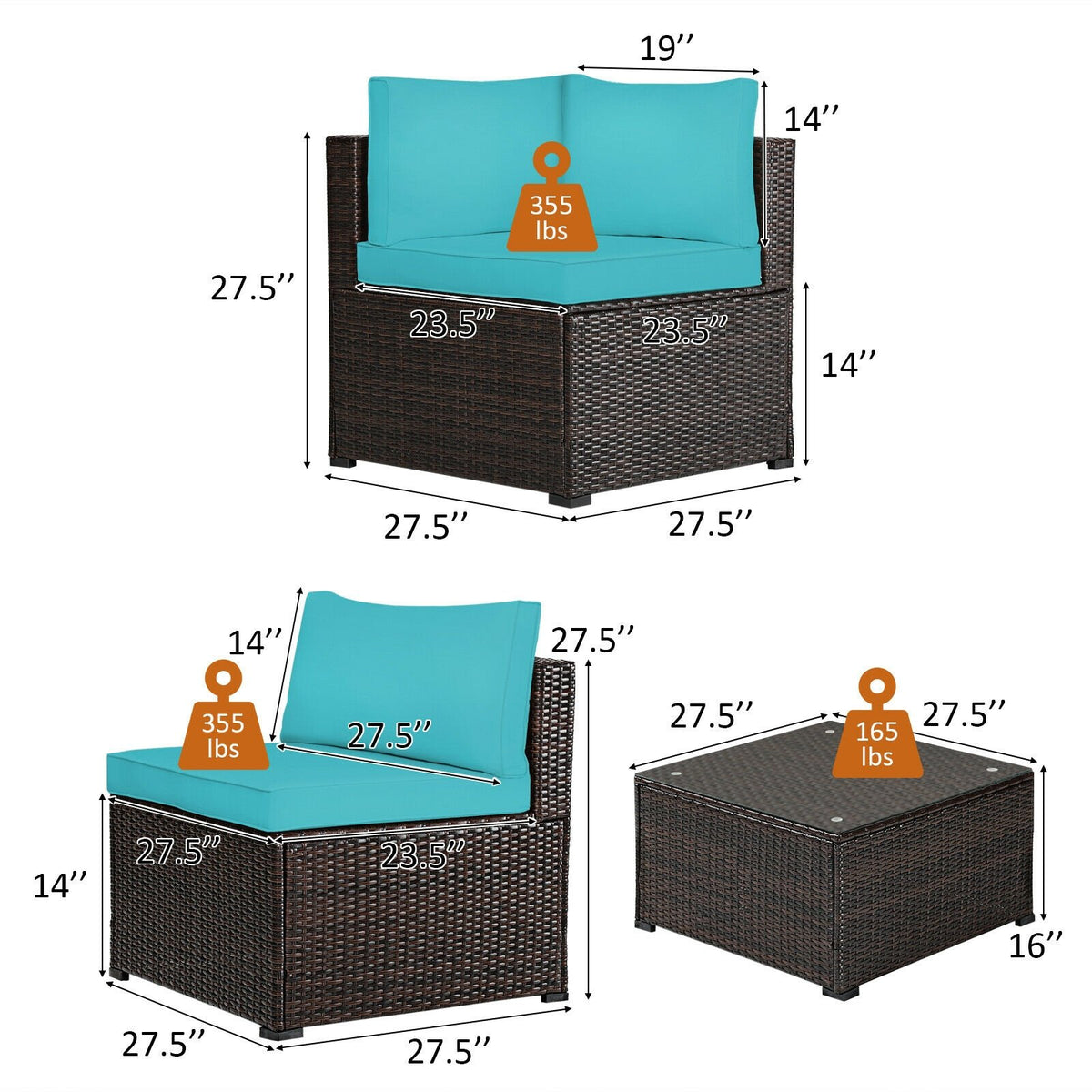 6 Pieces Patio Furniture Sofa Set with Cushions for Outdoor-Turquoise view 4