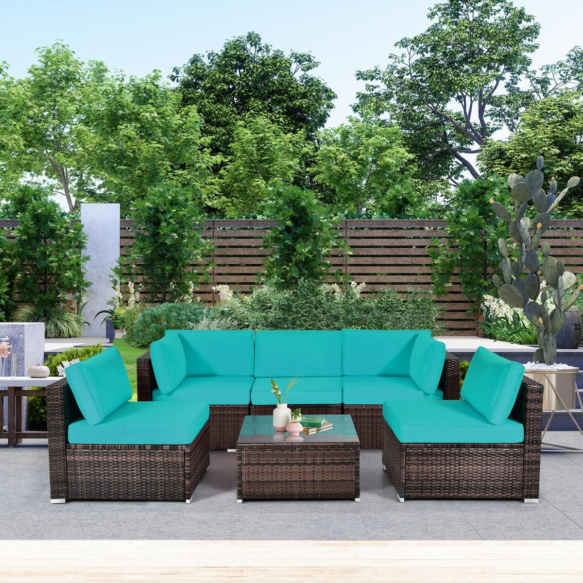 6 Pieces Patio Rattan Furniture Set with Cushions and Glass Coffee Table-Turquoise view 2