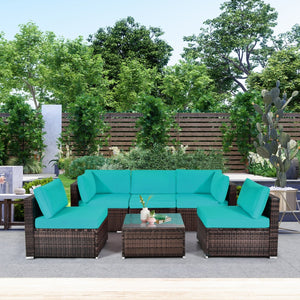 6 Pieces Patio Rattan Furniture Set with Cushions and Glass Coffee Table-Turquoise view 2