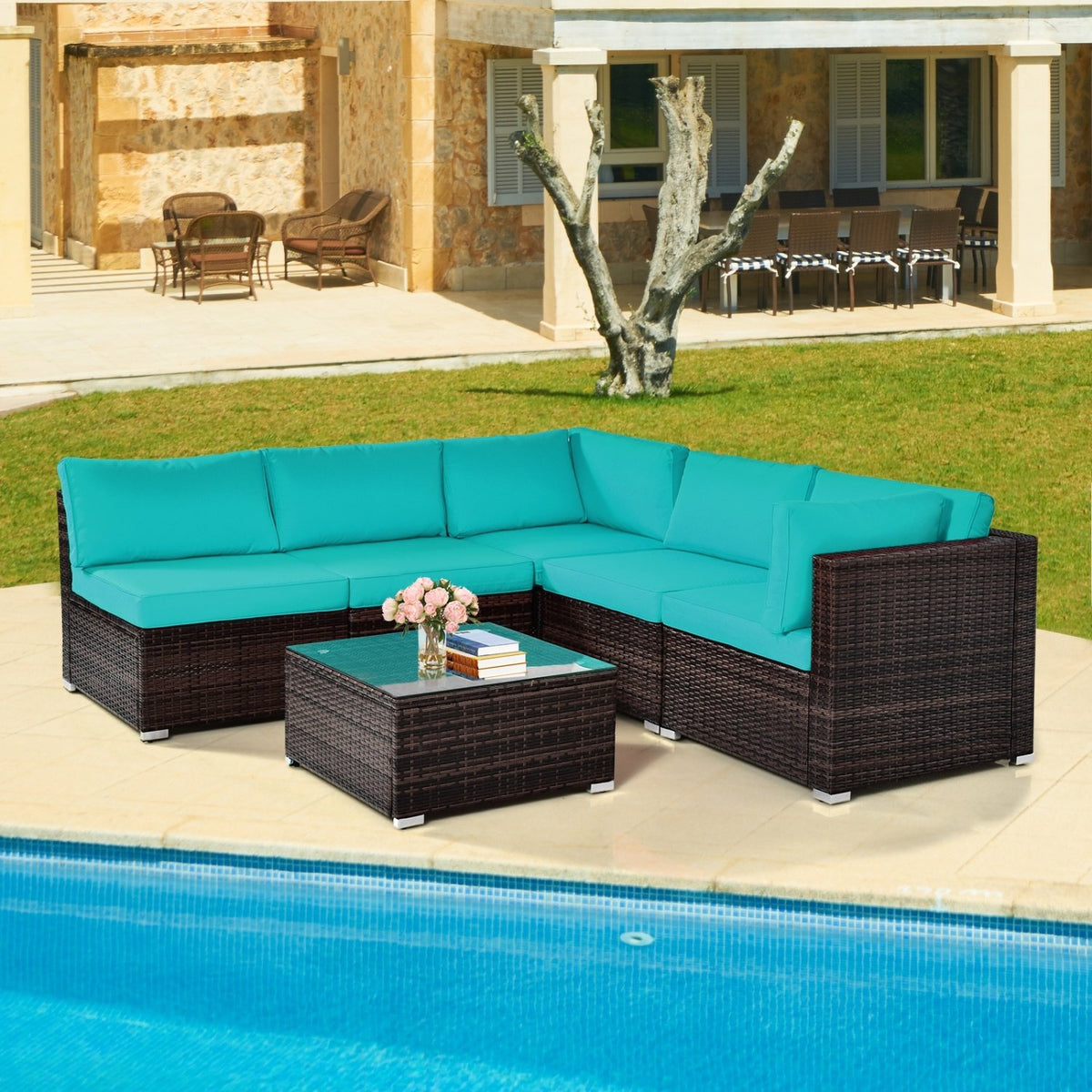 6 Pieces Patio Rattan Furniture Set with Cushions and Glass Coffee Table-Turquoise view 3