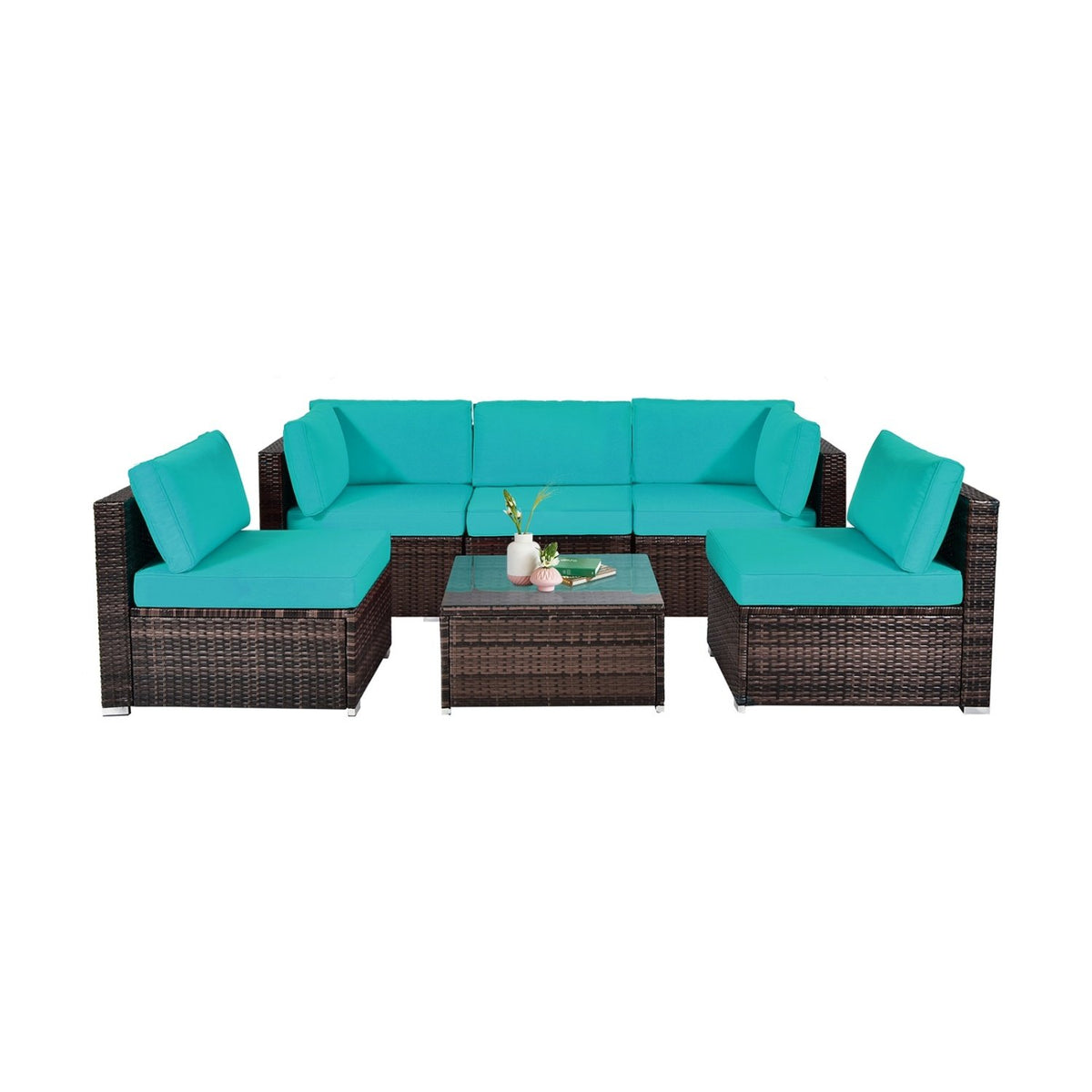 6 Pieces Patio Rattan Furniture Set with Cushions and Glass Coffee Table-Turquoise view 4