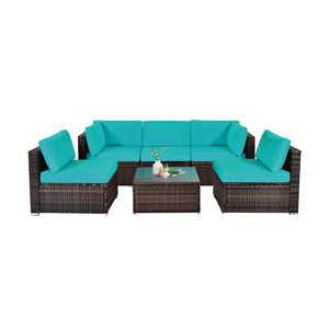 6 Pieces Patio Rattan Furniture Set with Cushions and Glass Coffee Table-Turquoise view 4