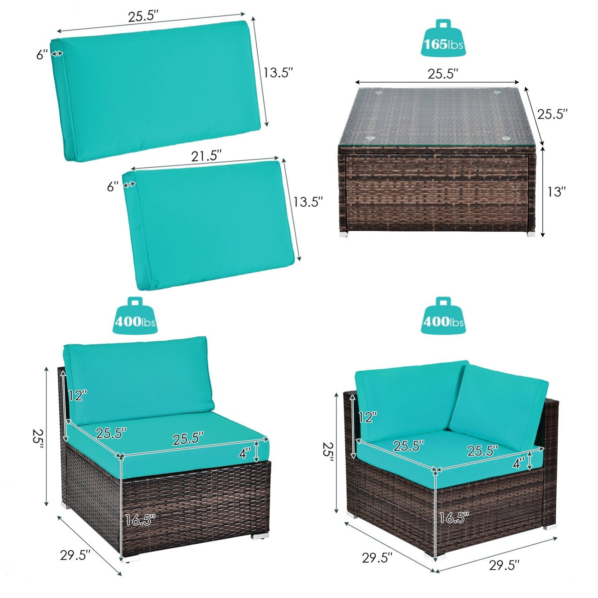 6 Pieces Patio Rattan Furniture Set with Cushions and Glass Coffee Table-Turquoise view 5
