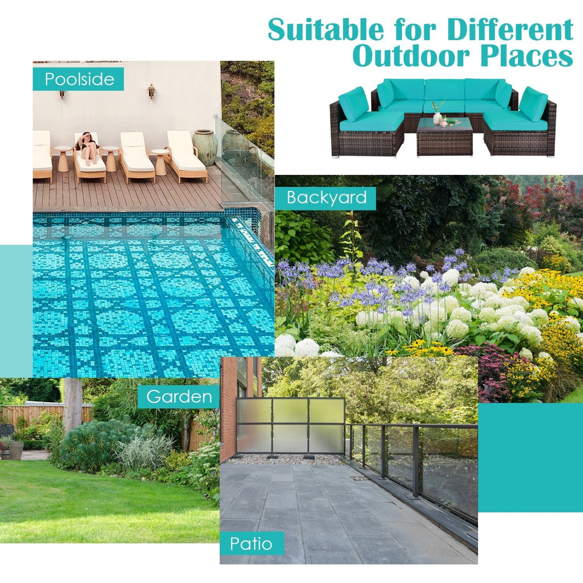 6 Pieces Patio Rattan Furniture Set with Cushions and Glass Coffee Table-Turquoise view 6
