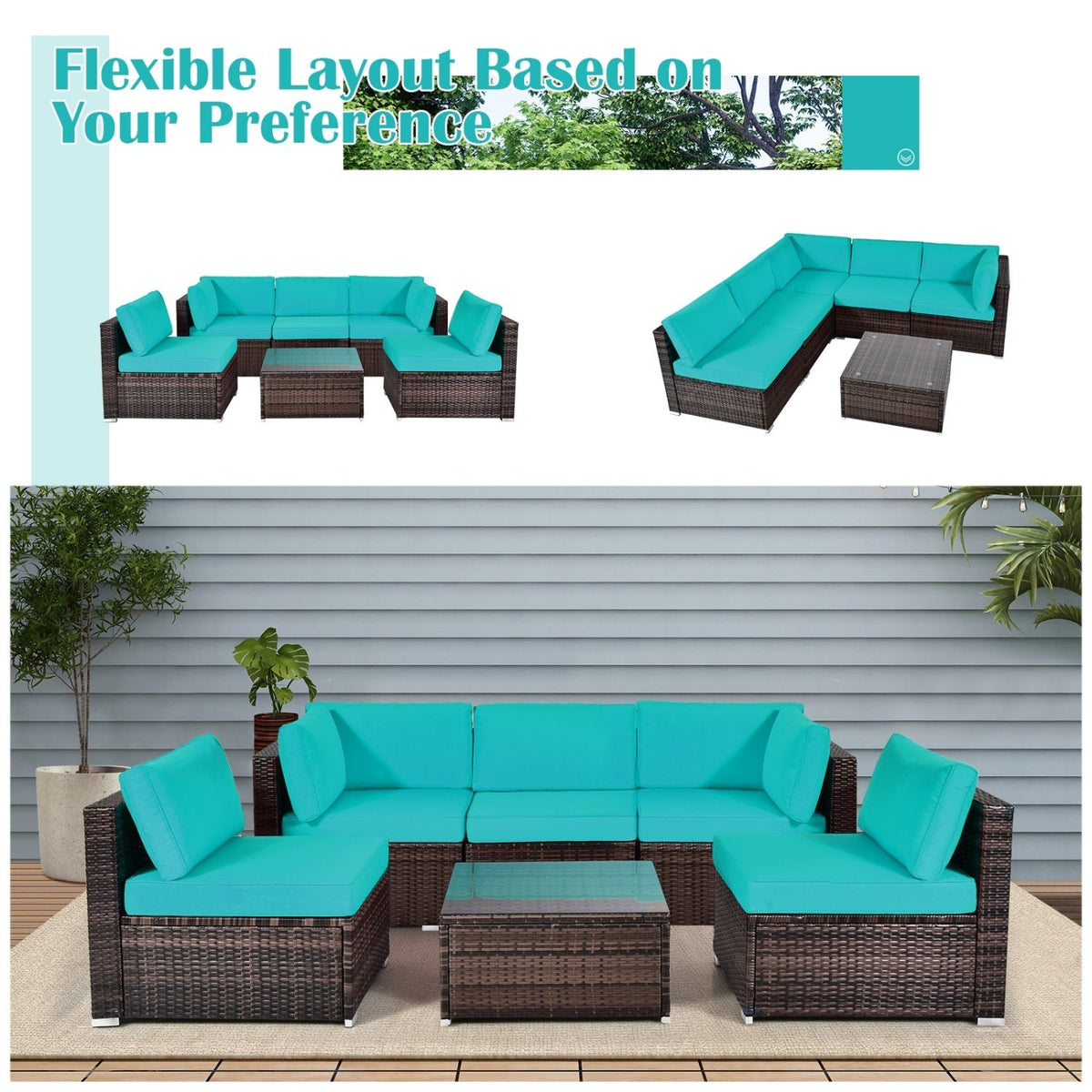 6 Pieces Patio Rattan Furniture Set with Cushions and Glass Coffee Table-Turquoise view 7