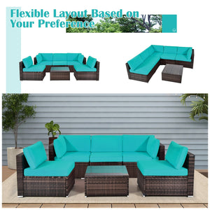6 Pieces Patio Rattan Furniture Set with Cushions and Glass Coffee Table-Turquoise view 7
