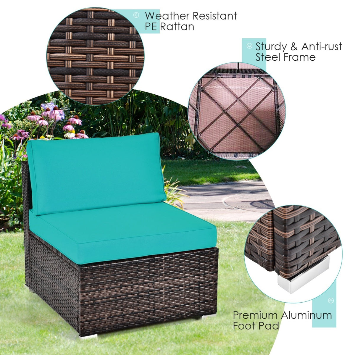 6 Pieces Patio Rattan Furniture Set with Cushions and Glass Coffee Table-Turquoise view 8