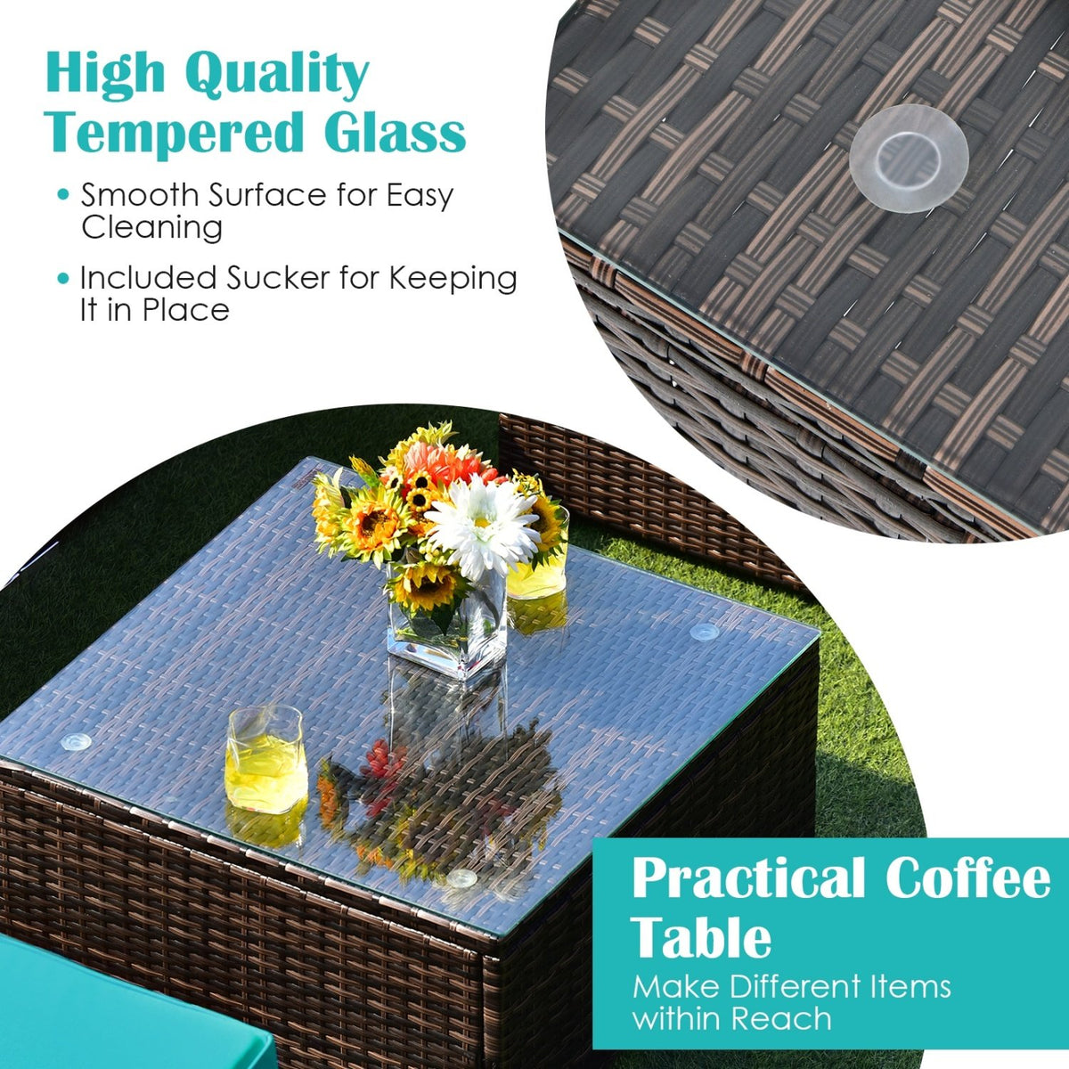 6 Pieces Patio Rattan Furniture Set with Cushions and Glass Coffee Table-Turquoise view 9