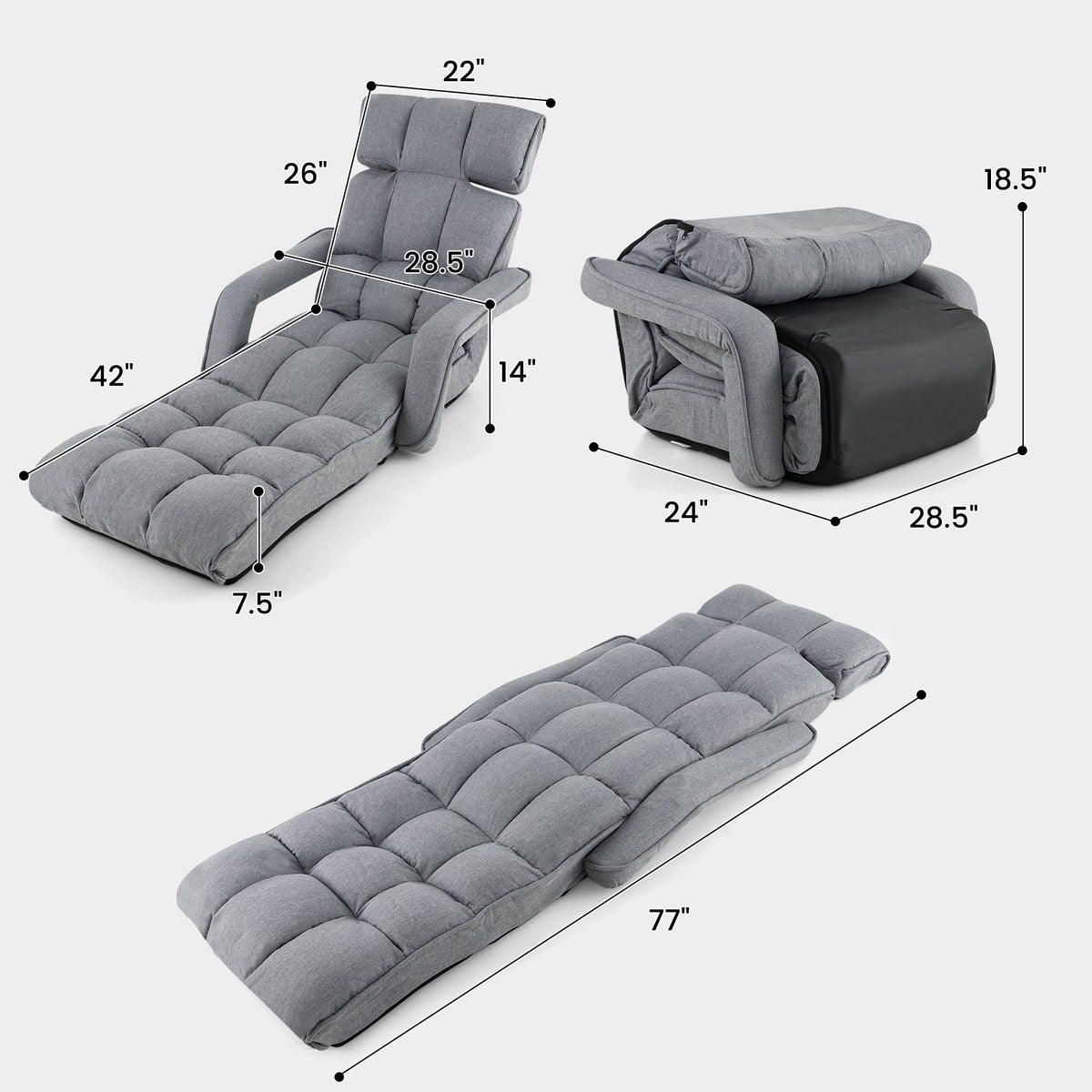 6-Position Adjustable Floor Chair with Adjustable Armrests and Footrest-Gray view 5