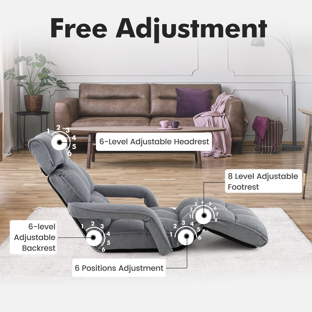6-Position Adjustable Floor Chair with Adjustable Armrests and Footrest-Gray view 6