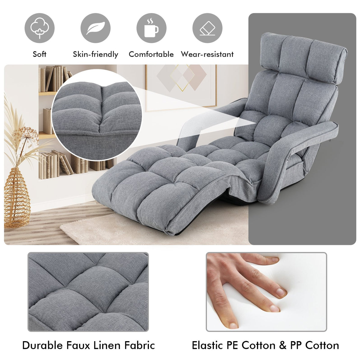 6-Position Adjustable Floor Chair with Adjustable Armrests and Footrest-Gray view 7