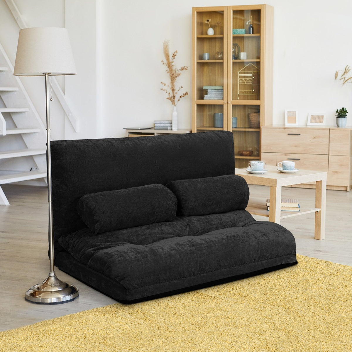 6-Position Adjustable Sleeper Lounge Couch with 2 Pillows-Black view 3