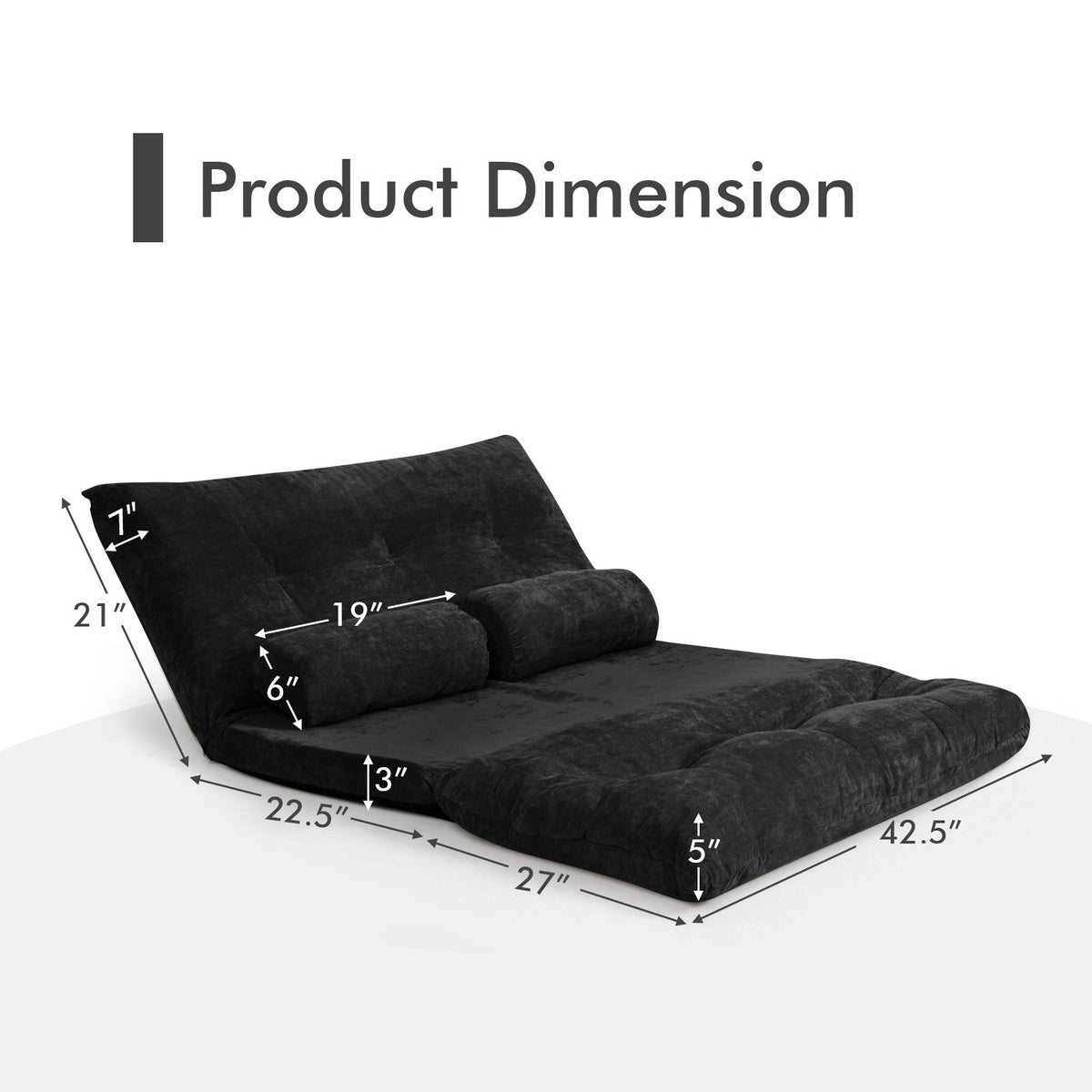 6-Position Adjustable Sleeper Lounge Couch with 2 Pillows-Black view 5