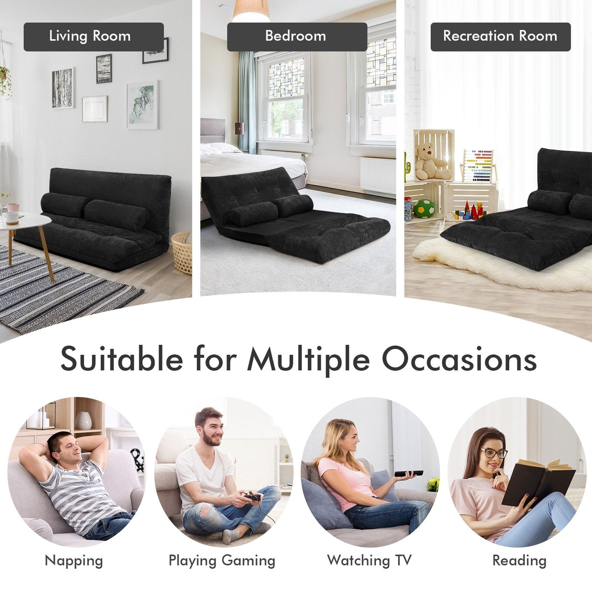 6-Position Adjustable Sleeper Lounge Couch with 2 Pillows-Black view 6