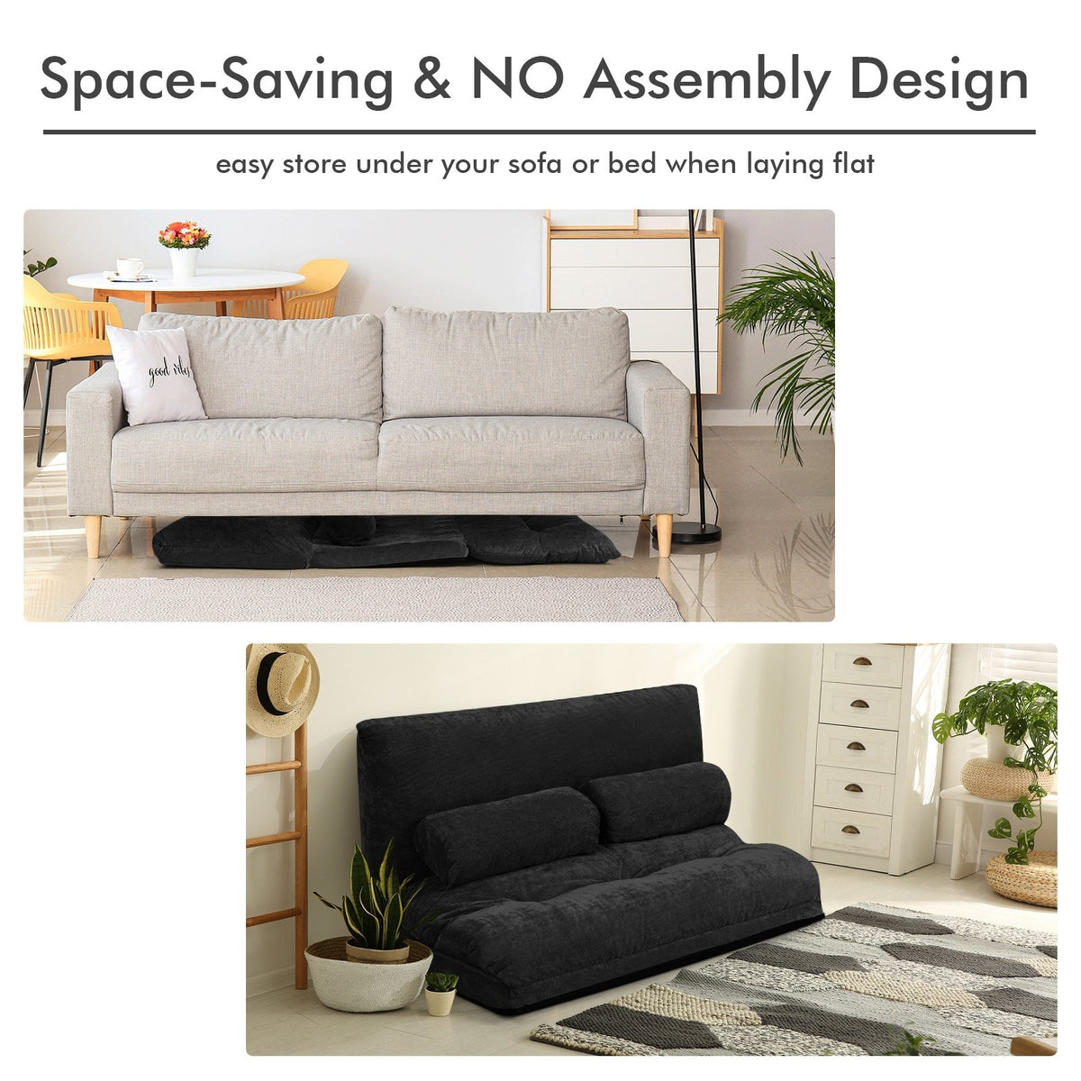6-Position Adjustable Sleeper Lounge Couch with 2 Pillows-Black view 7