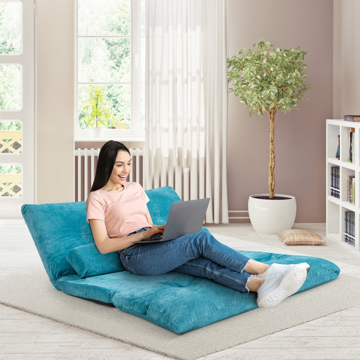 6-Position Adjustable Sleeper Lounge Couch with 2 Pillows-Blue view 2