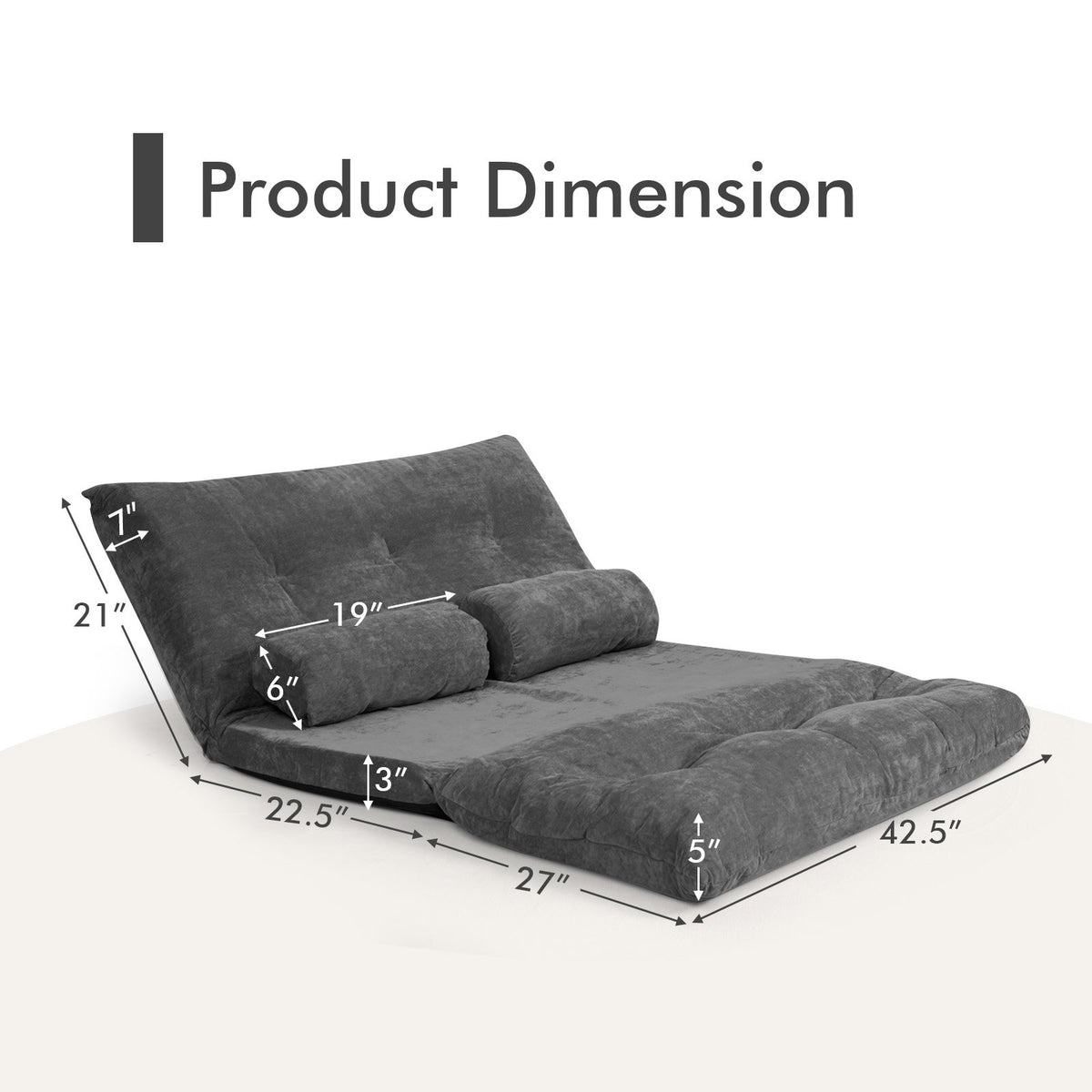 6-Position Adjustable Sleeper Lounge Couch with 2 Pillows-Gray view 5