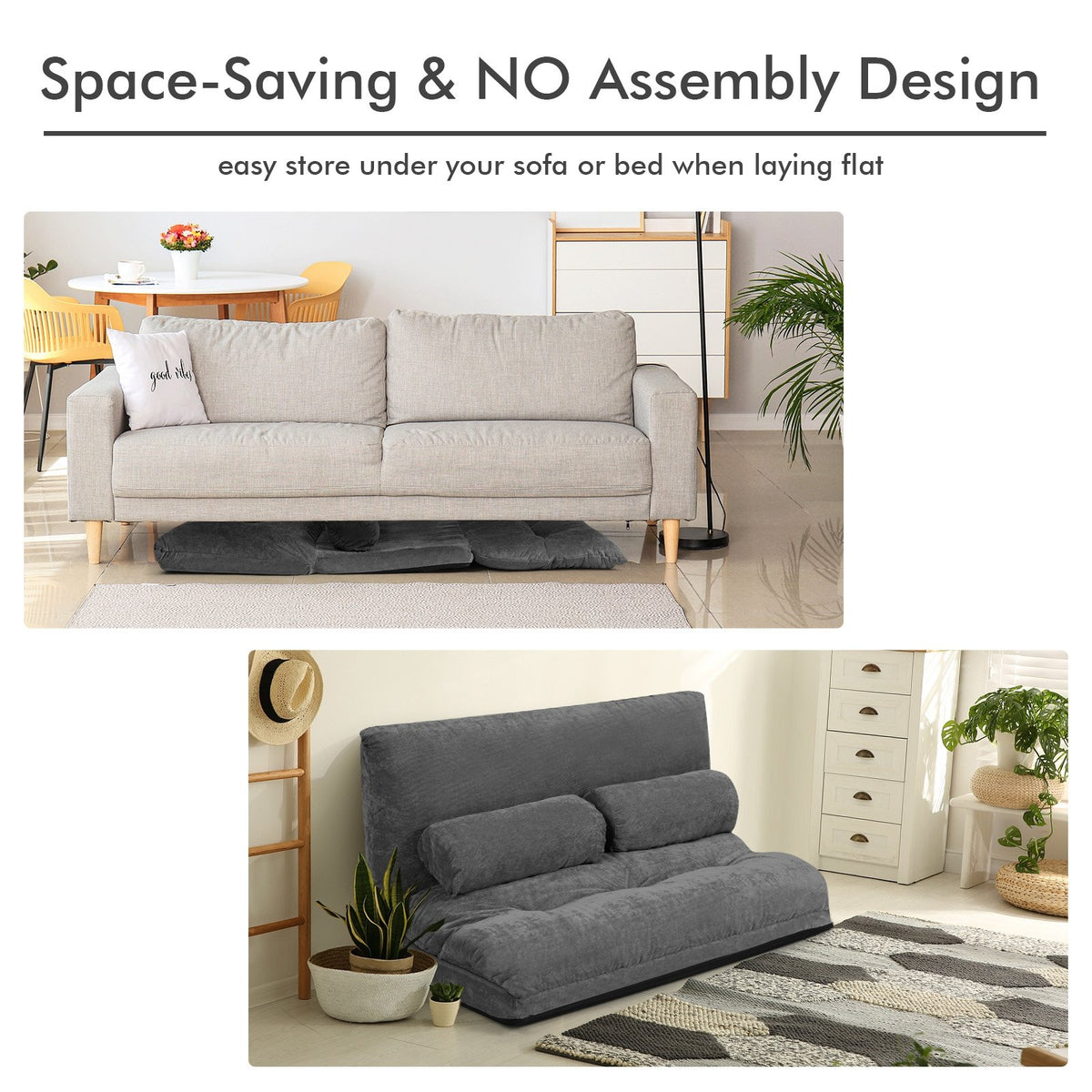 6-Position Adjustable Sleeper Lounge Couch with 2 Pillows-Gray view 6