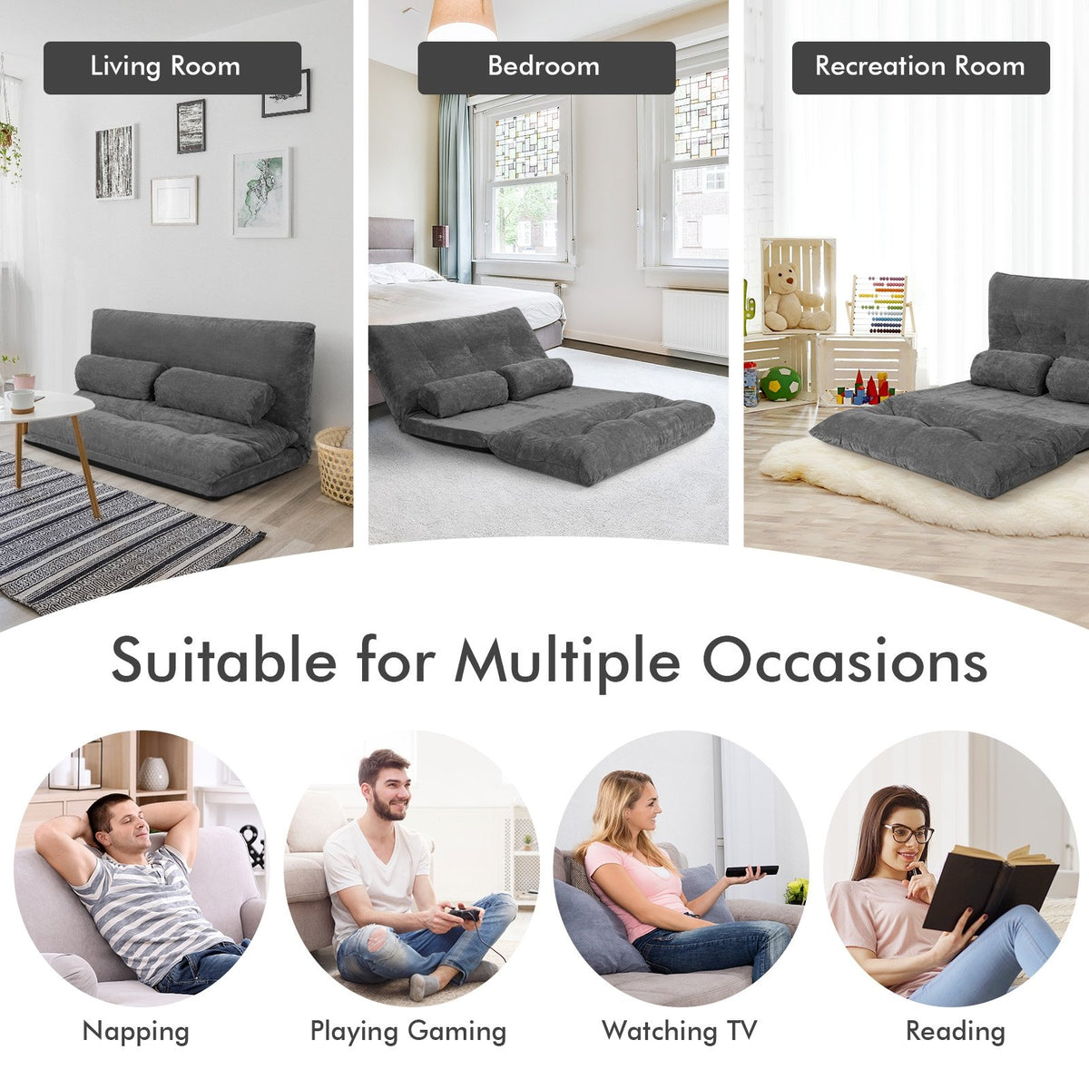 6-Position Adjustable Sleeper Lounge Couch with 2 Pillows-Gray view 7