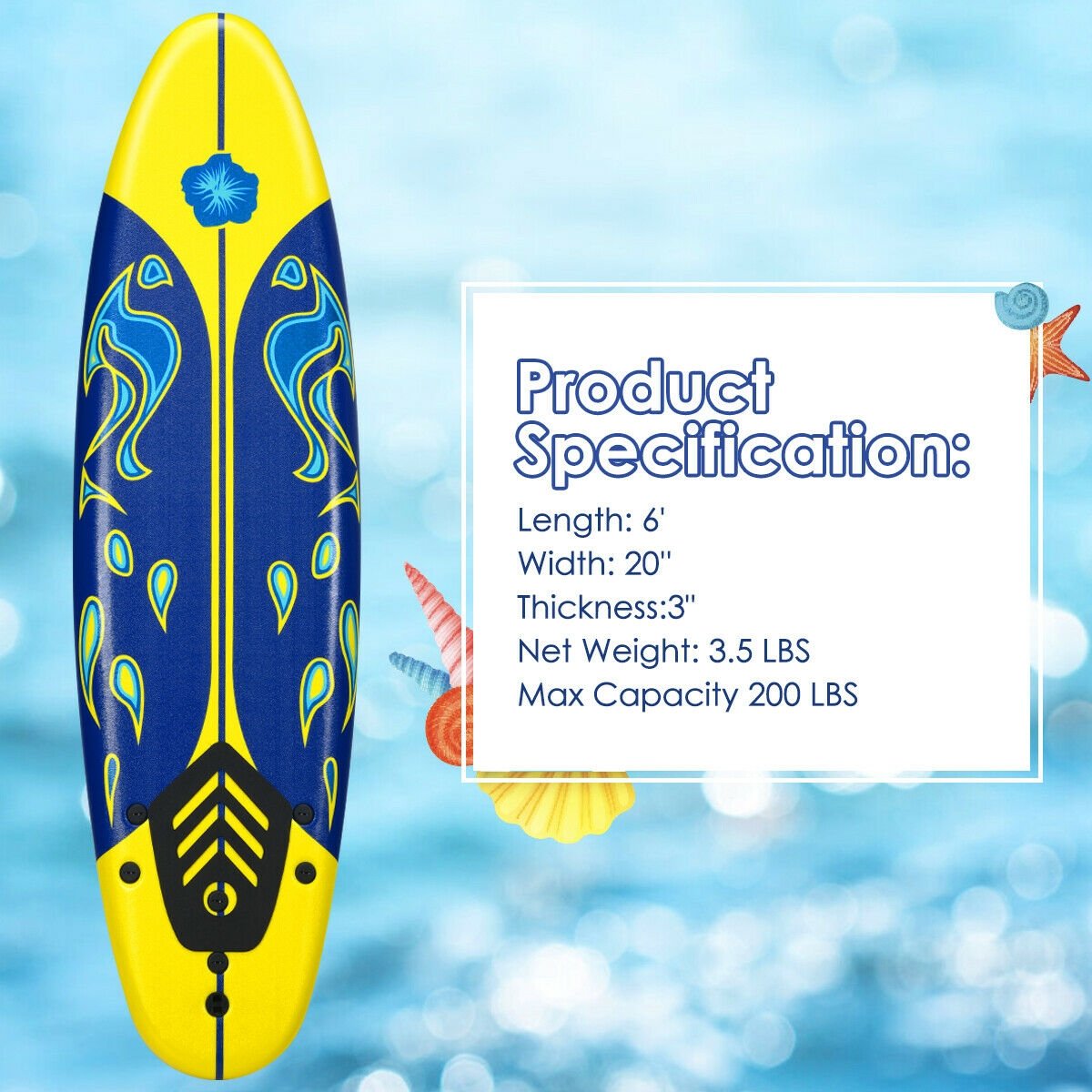 6 Feet Surfboard with 3 Detachable Fins-Yellow view 5