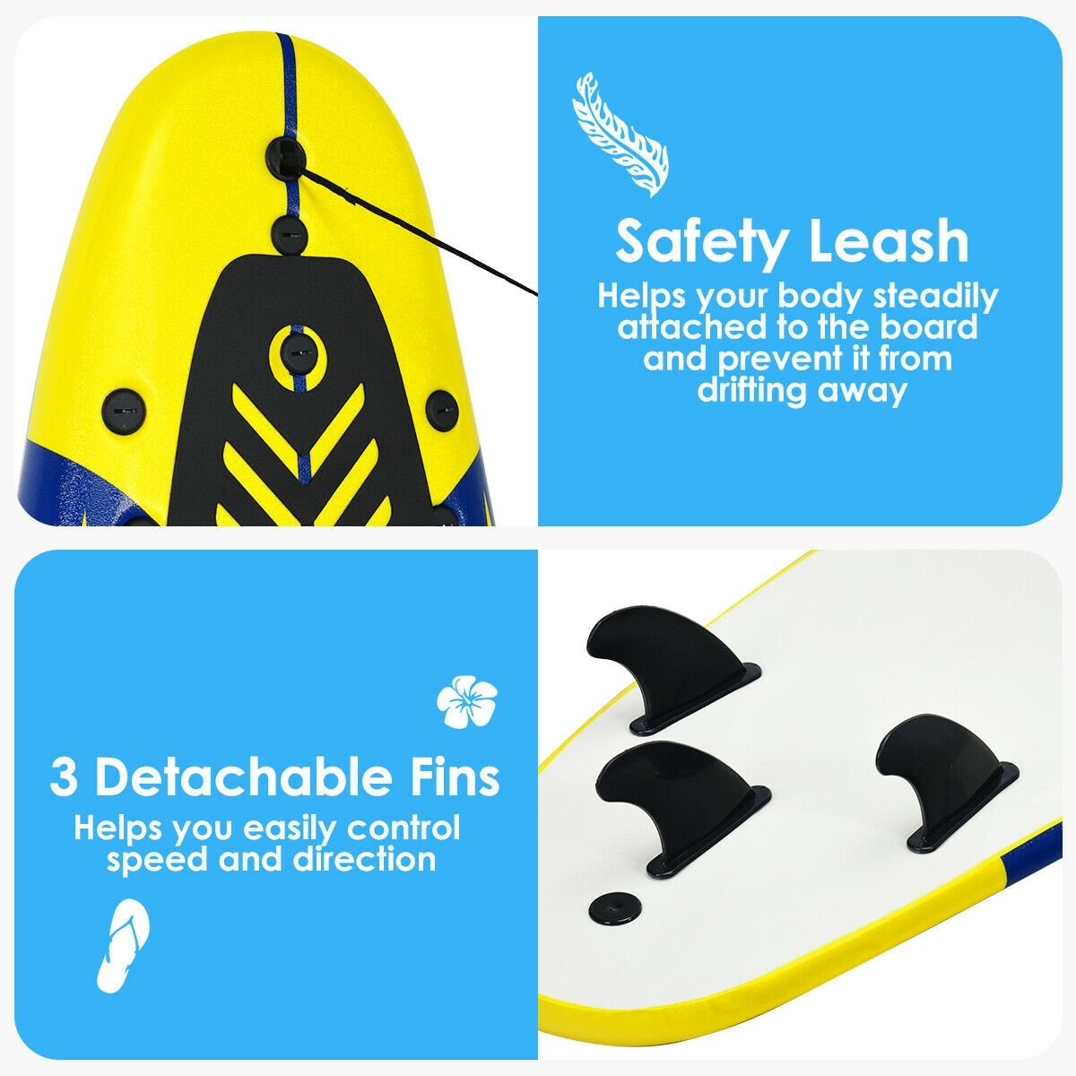 6 Feet Surfboard with 3 Detachable Fins-Yellow view 8