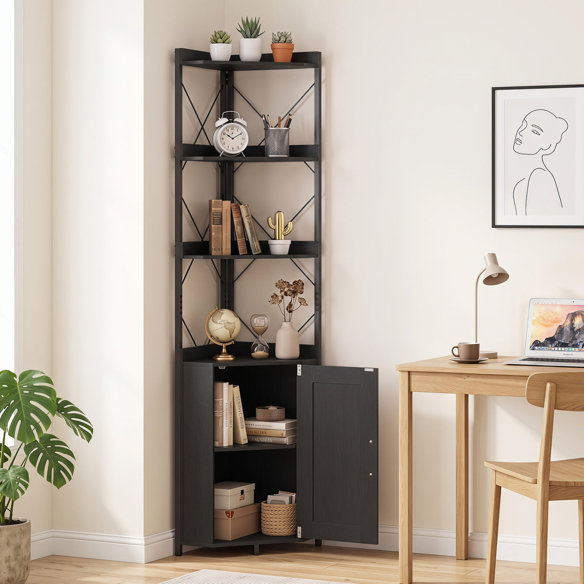 6-Tier 71 inches Tall Freestanding Bookshelf with Cabinet and Metal Frame-Black view 3