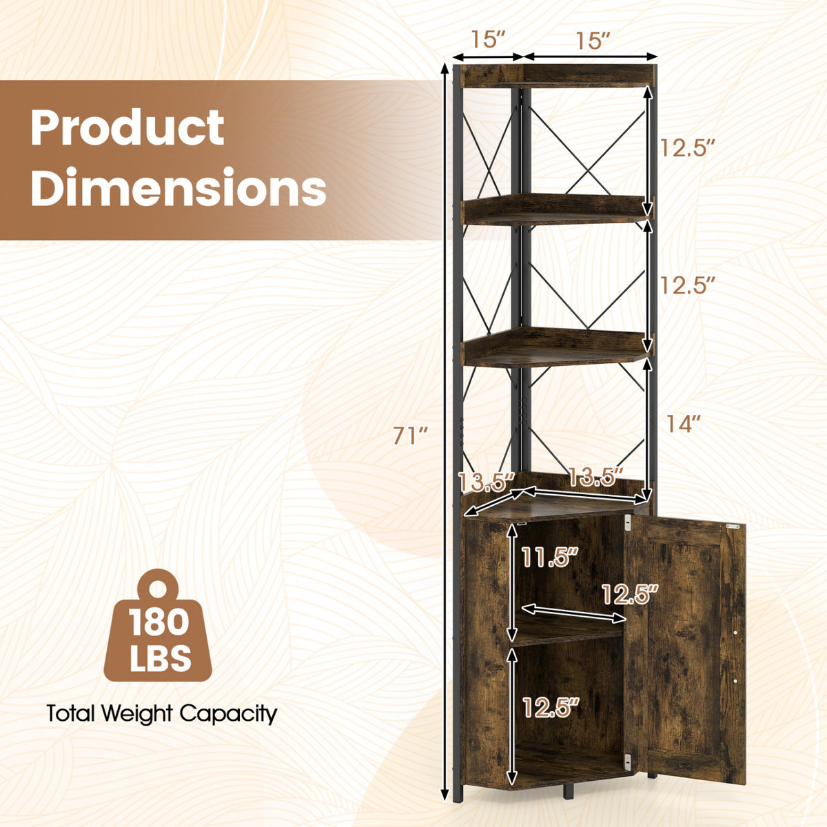 6-Tier 71 inches Tall Freestanding Bookshelf with Cabinet and Metal Frame-Black view 5