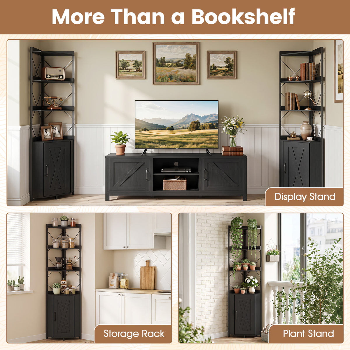6-Tier 71 inches Tall Freestanding Bookshelf with Cabinet and Metal Frame-Black view 6