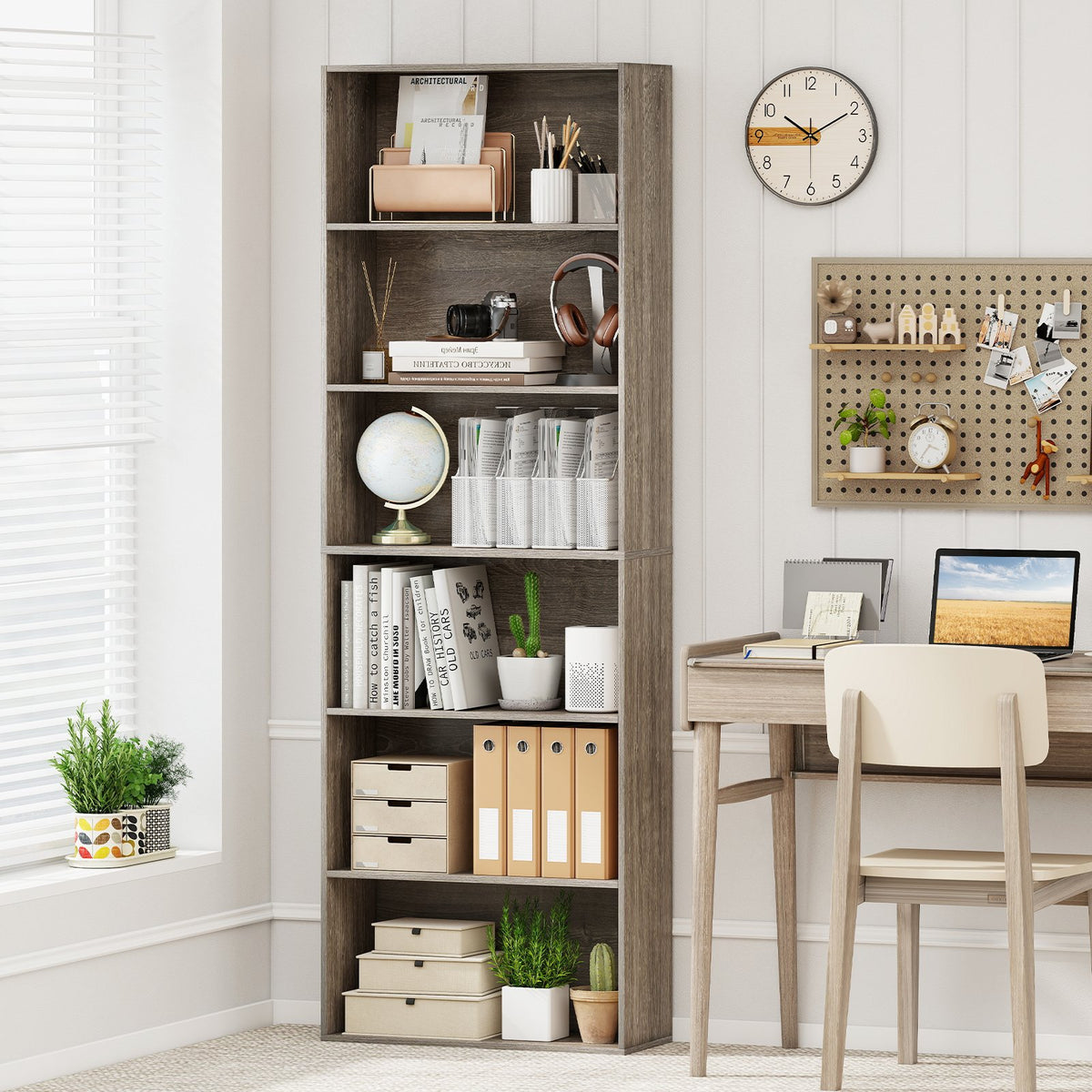 6-Tier Bookcase with 6 Open Shelves and Anti-Toppling Kits-Gray view 2