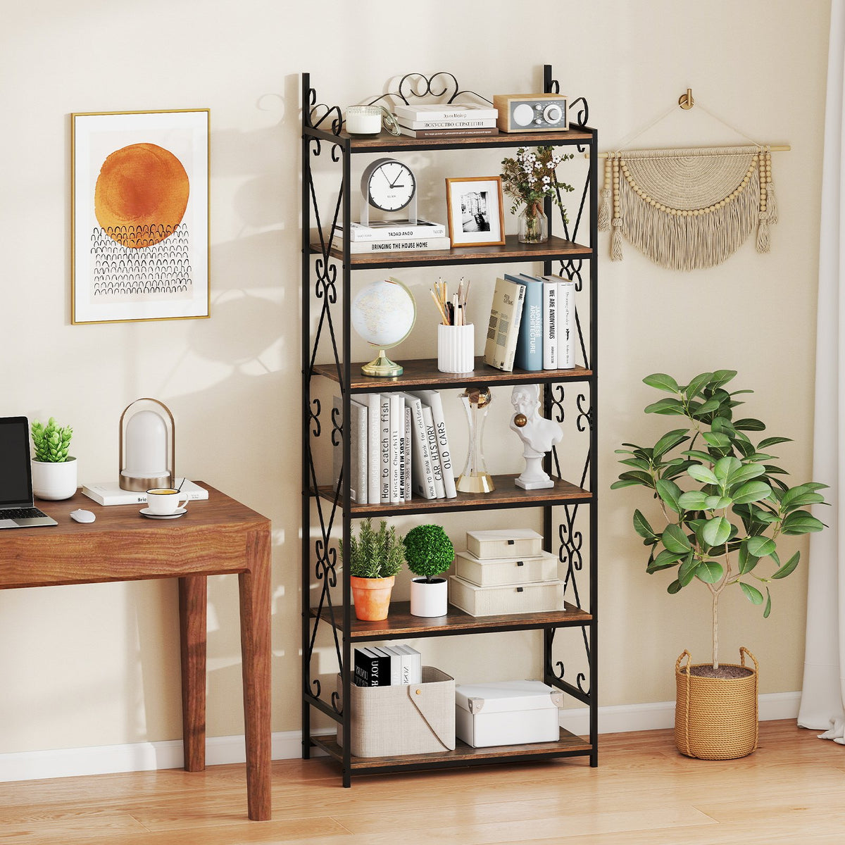 6-Tier Bookshelf Industrial Bookcase with 2 Anti-Tipping Kits and Metal Frame-Rustic Brown view 2