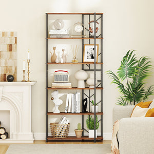 6-Tier Bookshelf Modern Geometric Bookcase with Heavy-duty Metal Frame and Anti-tipping Kits-Rustic Brown view 2