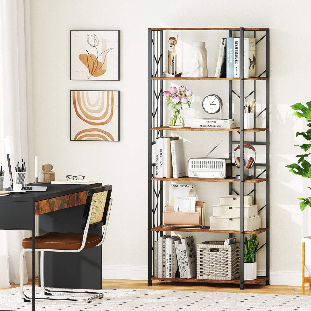 6-Tier Bookshelf Modern Geometric Bookcase with Heavy-duty Metal Frame and Anti-tipping Kits-Rustic Brown view 3