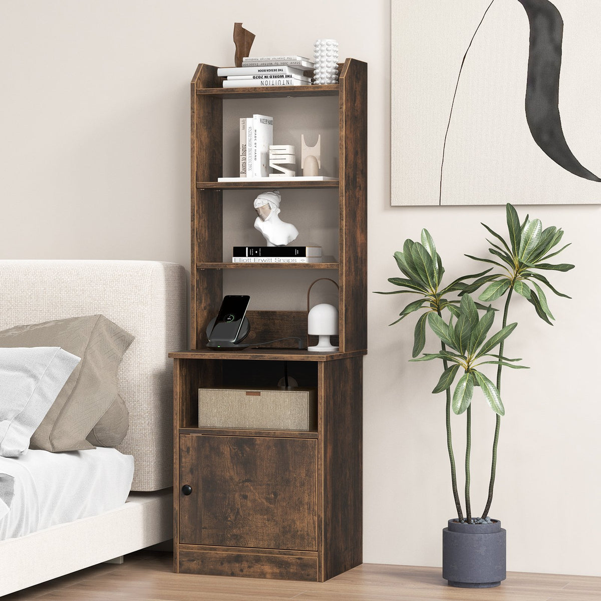 6-Tier Bookshelf Nightstand with Charging Station and Cabinet-Rustic Brown view 2