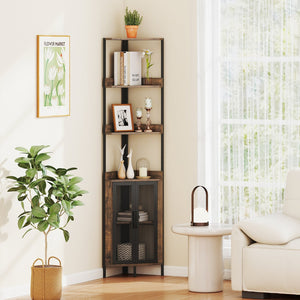 6-Tier Corner Shelf 67 Inches Tall Corner Bookshelf with Cabinet Industrial Bookcase-Brown view 2