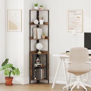 6-Tier Corner Shelf 67 Inches Tall Corner Bookshelf with Cabinet Industrial Bookcase-Brown view 3