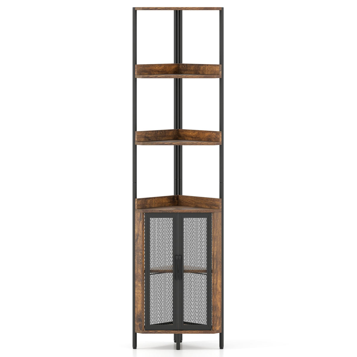 6-Tier Corner Shelf 67 Inches Tall Corner Bookshelf with Cabinet Industrial Bookcase-Brown view 4