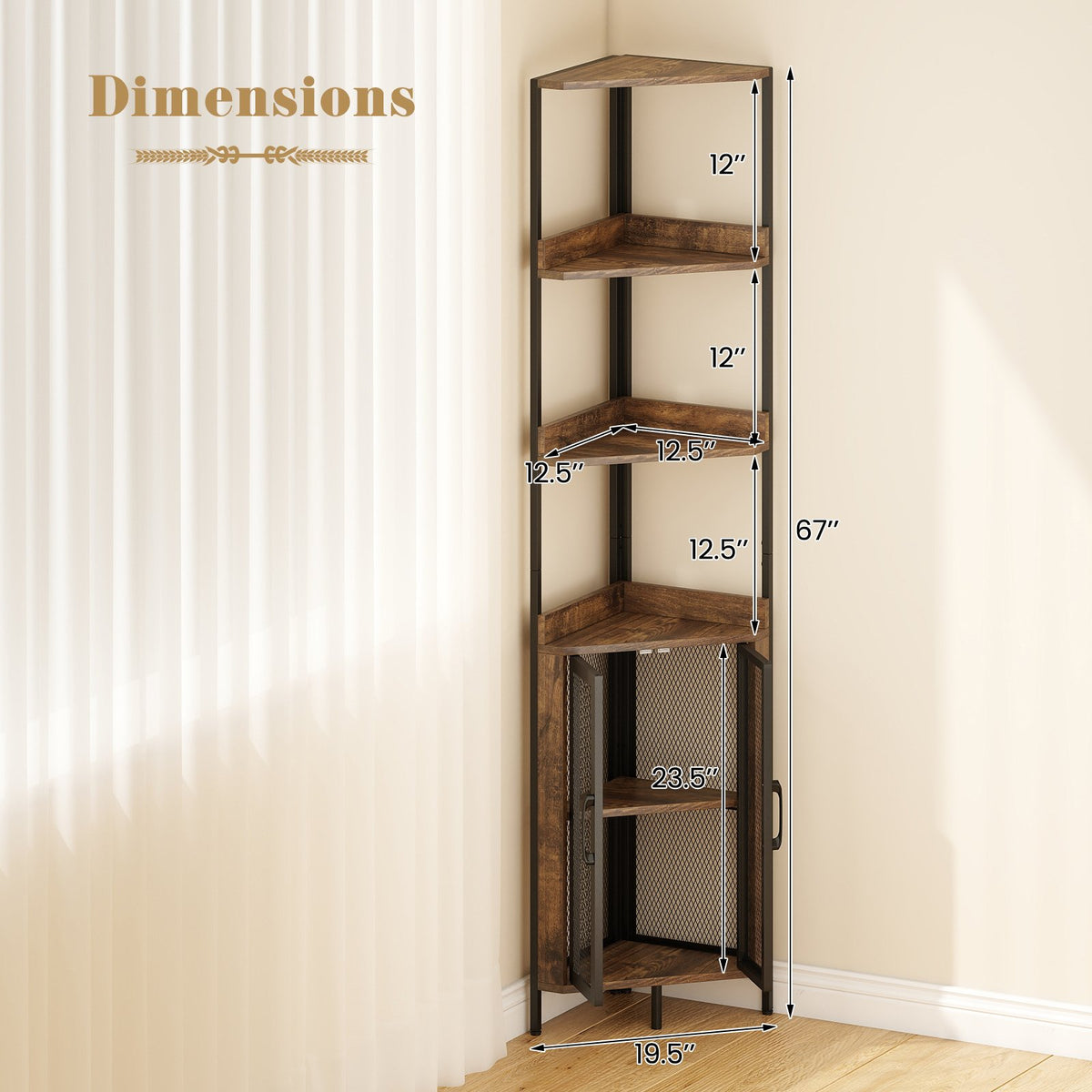 6-Tier Corner Shelf 67 Inches Tall Corner Bookshelf with Cabinet Industrial Bookcase-Brown view 5