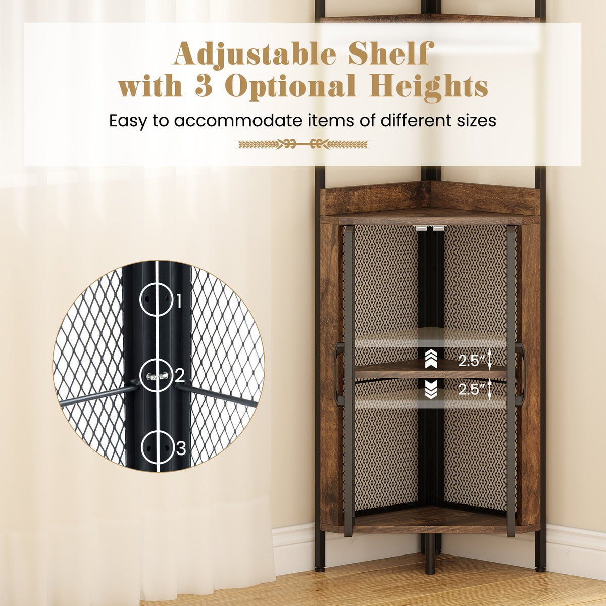 6-Tier Corner Shelf 67 Inches Tall Corner Bookshelf with Cabinet Industrial Bookcase-Brown view 6