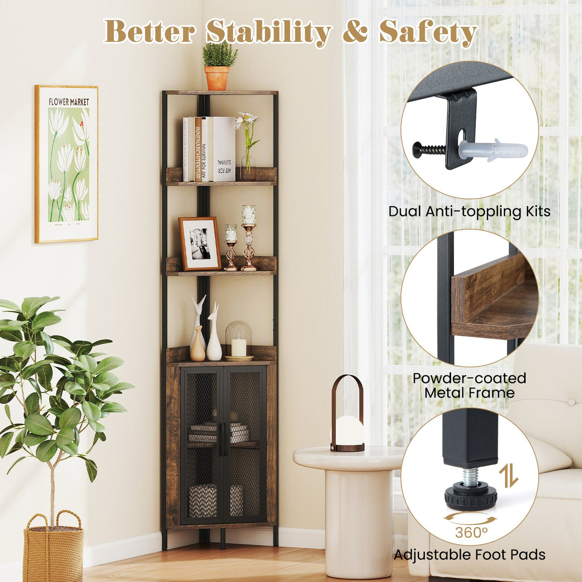 6-Tier Corner Shelf 67 Inches Tall Corner Bookshelf with Cabinet Industrial Bookcase-Brown view 7