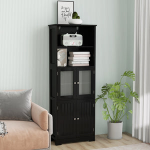 6-Tier Freestanding Bathroom Cabinet with 2 Open Compartments and Adjustable Shelves-Black view 2