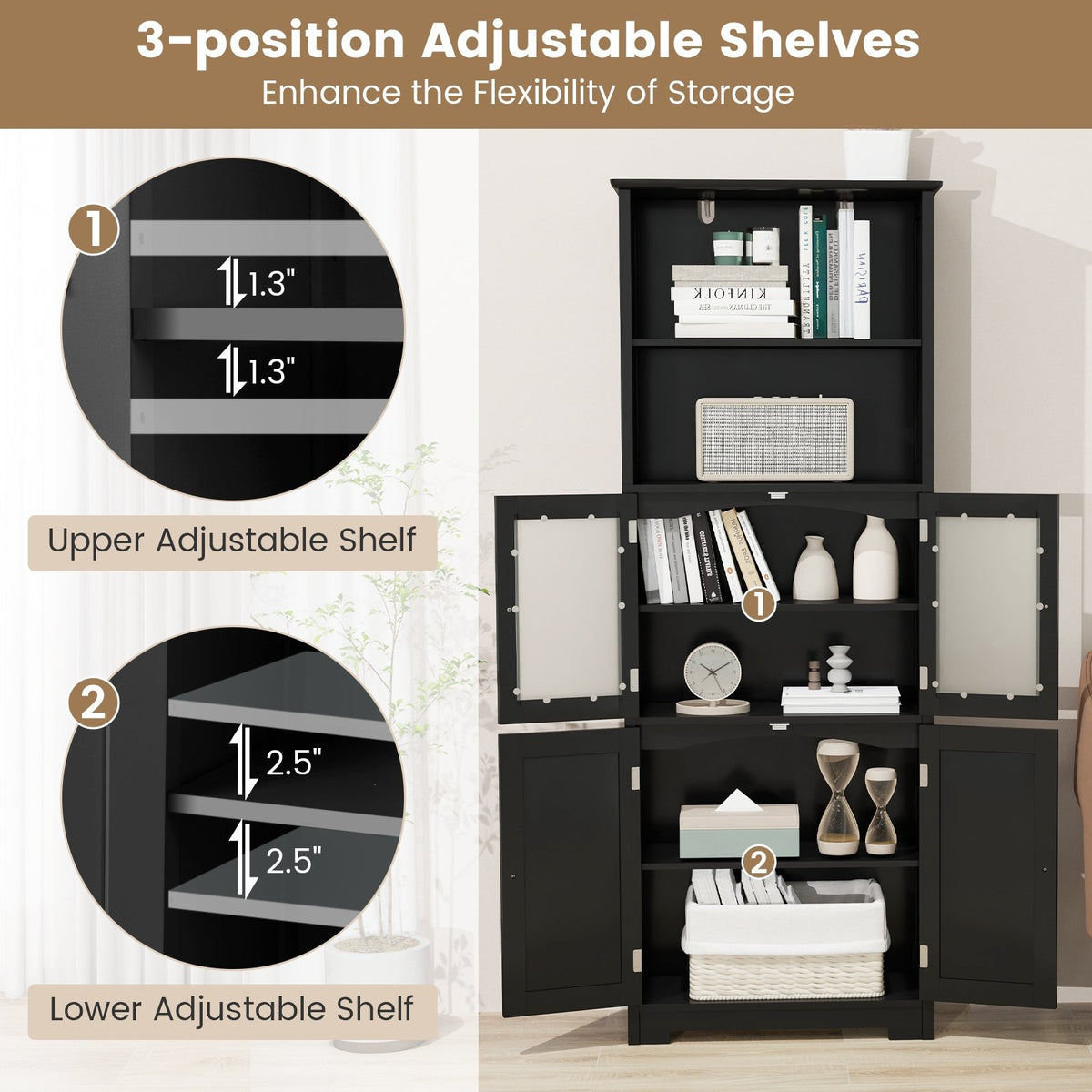 6-Tier Freestanding Bathroom Cabinet with 2 Open Compartments and Adjustable Shelves-Black view 5
