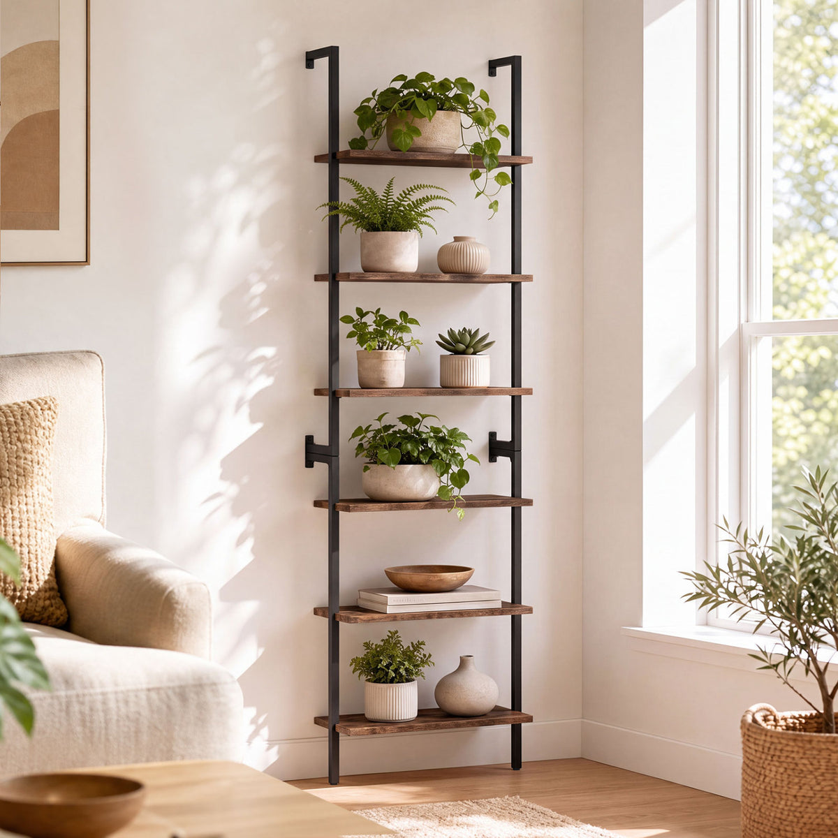 6-Tier Freestanding ladder Storage bookshelf with Metal Frame for Study and Pantry-Rustic Brown view 3