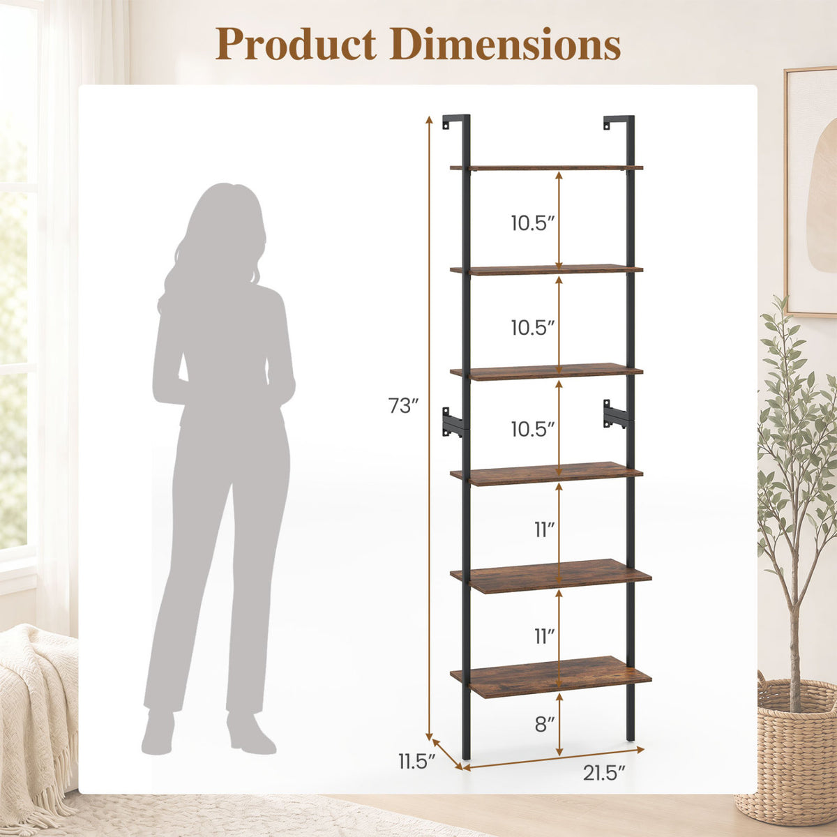 6-Tier Freestanding ladder Storage bookshelf with Metal Frame for Study and Pantry-Rustic Brown view 4
