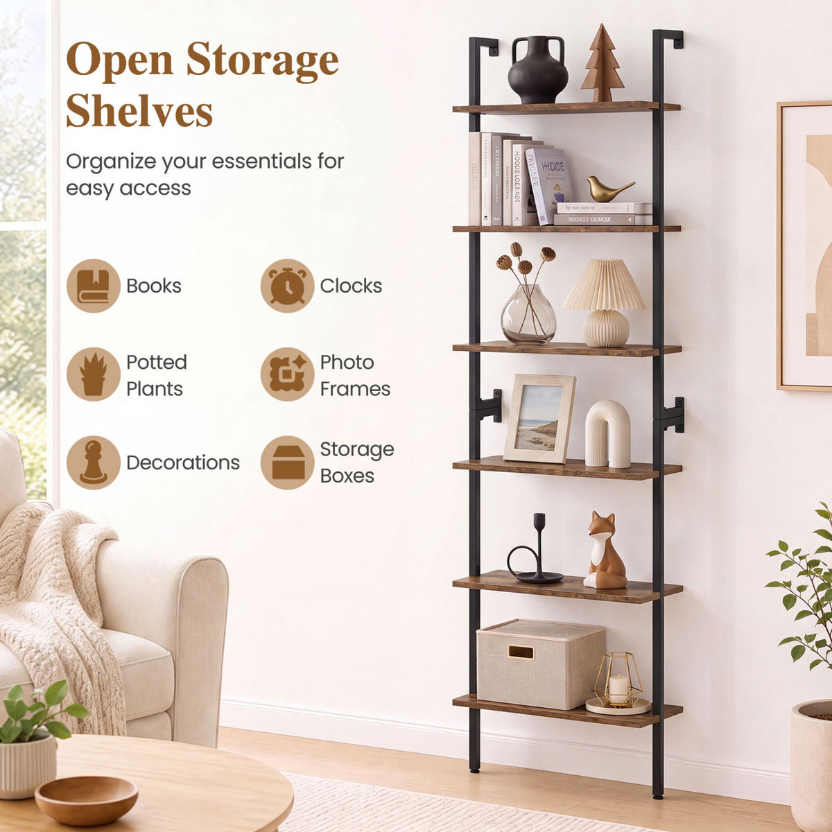 6-Tier Freestanding ladder Storage bookshelf with Metal Frame for Study and Pantry-Rustic Brown view 5