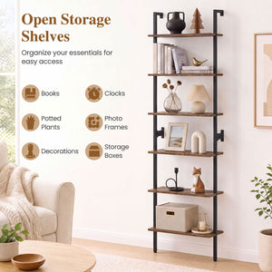6-Tier Freestanding ladder Storage bookshelf with Metal Frame for Study and Pantry-Rustic Brown view 5