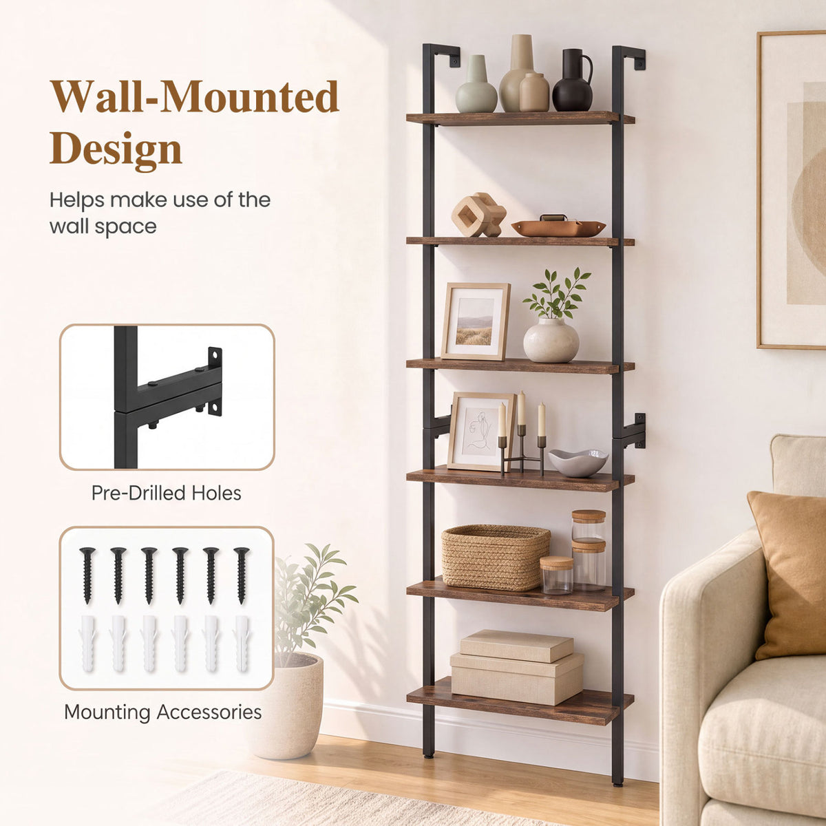 6-Tier Freestanding ladder Storage bookshelf with Metal Frame for Study and Pantry-Rustic Brown view 7