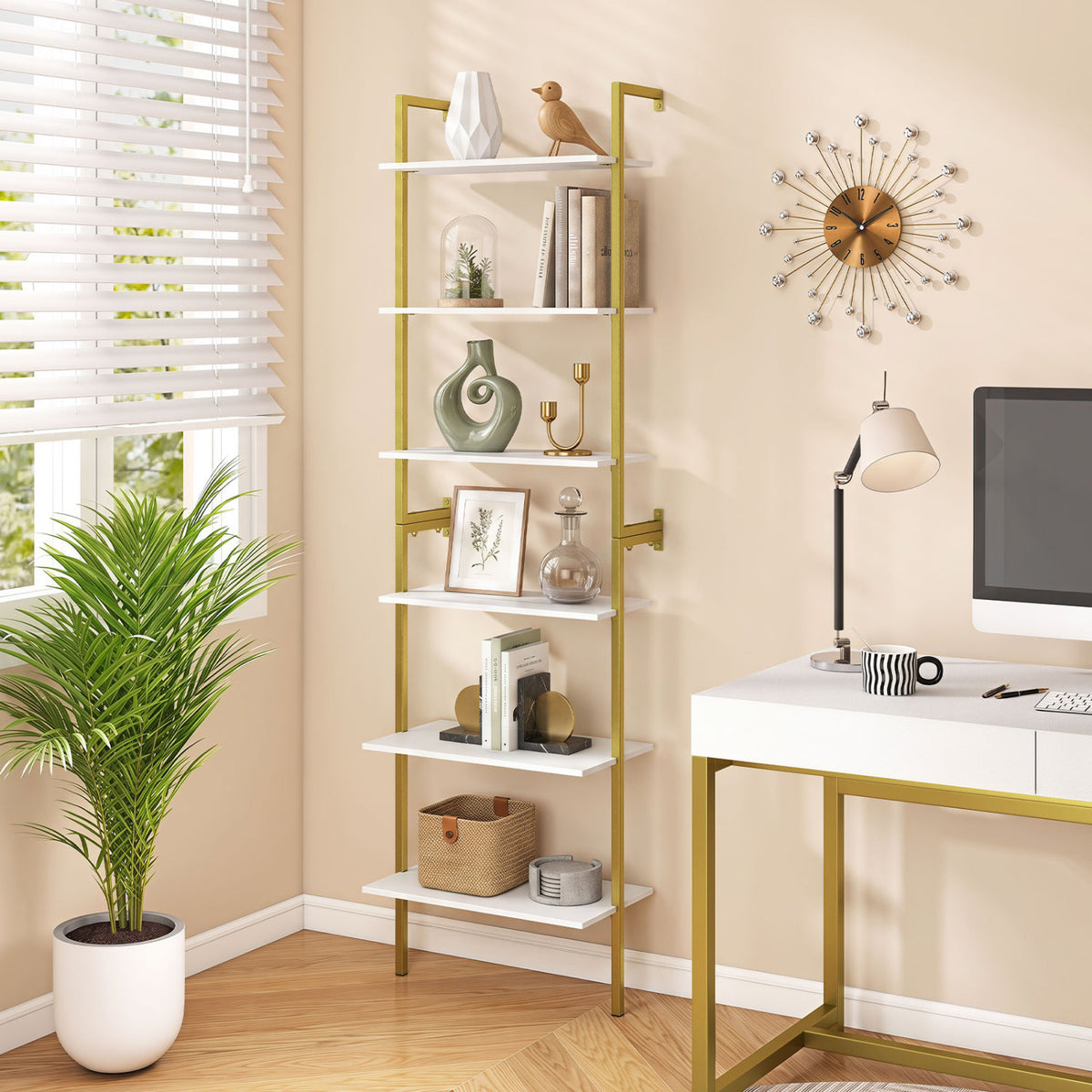 6-Tier Freestanding ladder Storage bookshelf with Metal Frame for Study and Pantry-White view 2