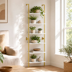 6-Tier Freestanding ladder Storage bookshelf with Metal Frame for Study and Pantry-White view 3